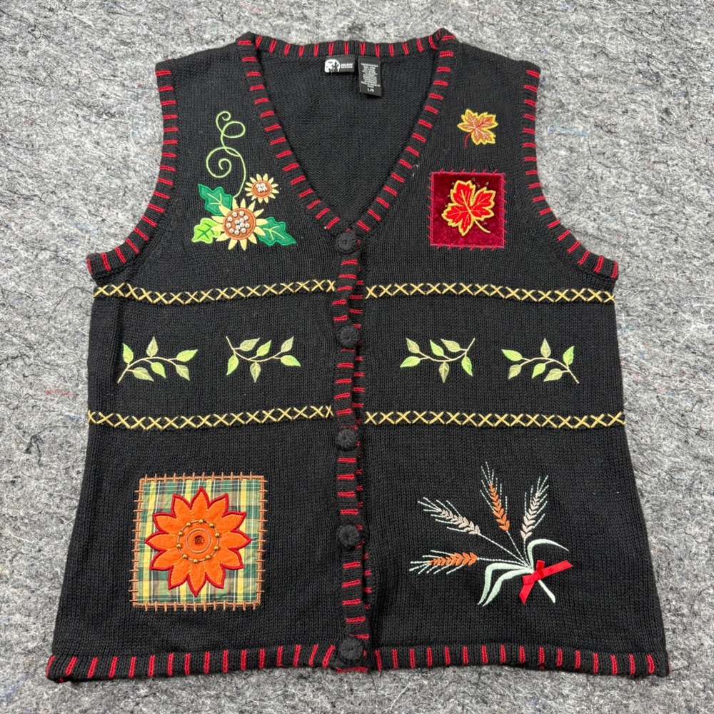 Holiday Editions Fall Harvest Knit Sweater Vest Black Floral Leaf Large Vintage